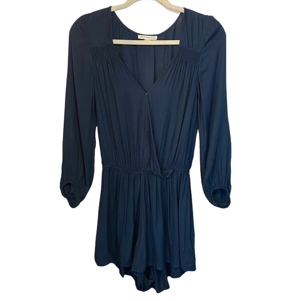 American Eagle Womens Size XS Wrap Front Romper Small Teal 3/4 Sleeve V Neck